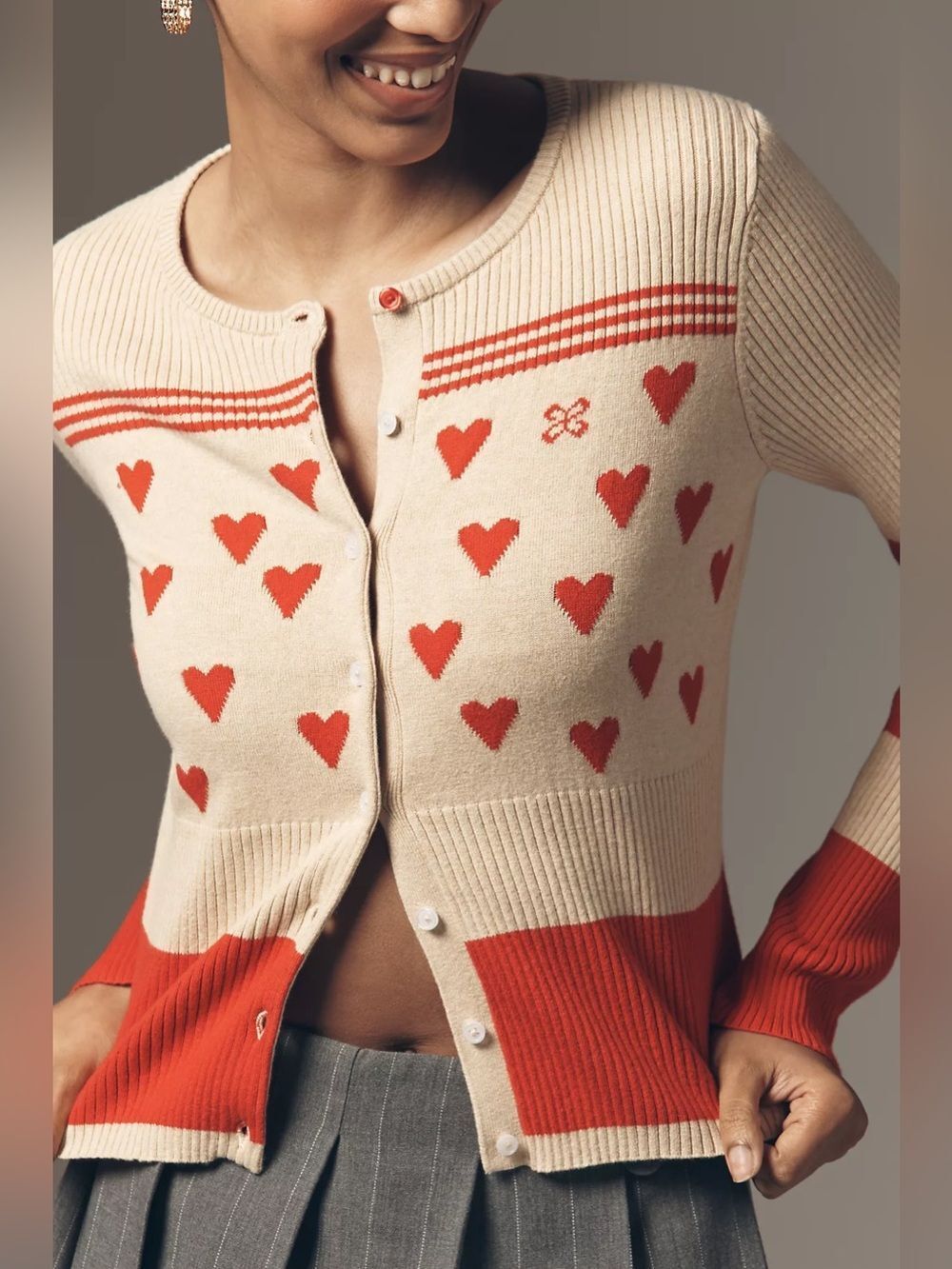 Maeve Sweetheart Ribbed Long-Sleeve Crew-Neck Cardigan Sweater Size S